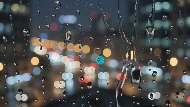Raindrops sliding down a glass window pane on a rainy day