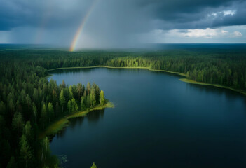 Obraz premium Environmental conservation and climate change, rainbow over a pristine forest lake with dark storm clouds and sunlight in a wilderness landscape