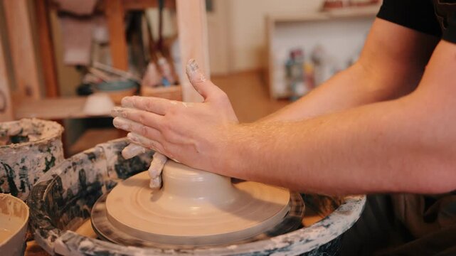 Hands shaping clay on spinning pottery wheel