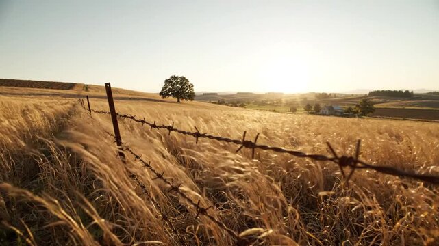 Golden Wheat Field at Sunset Barbed Wire Fence Lone Tree Rural Landscape