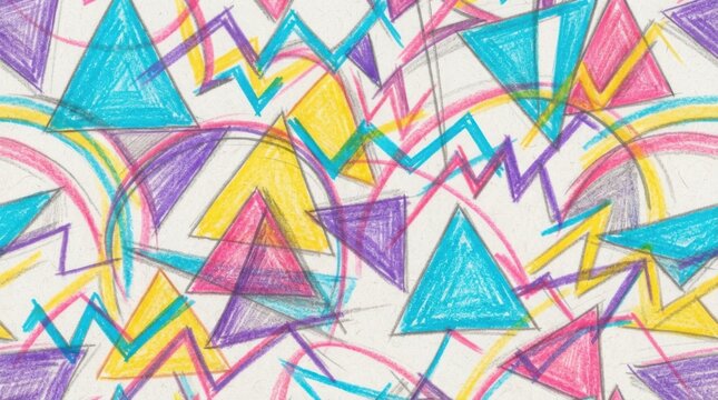 Dynamic retro Memphis style pattern with colorful hand drawn triangles zig zag lines and circles on textured paper surface.