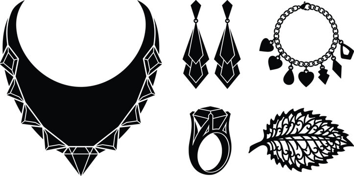 Black Modern Women Jewelry Vector Icon Set Featuring Statement Collar Necklace, Dangle Earrings, Charm Bracelet, Ring, and Leaf Brooch