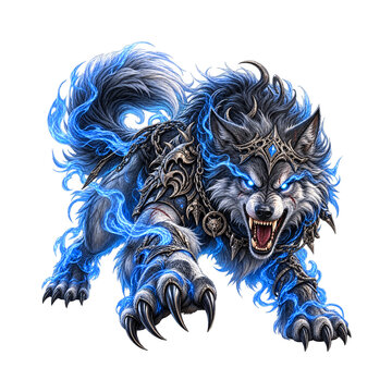 Fierce wolf illustration surrounded by dramatic blue water and swirling splash effects, perfect for wildlife, fantasy, tattoo, apparel, and powerful animal graphic designs.