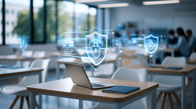 Empty bright modern classroom with glowing digital shield icons floating above desks cybersecurity concept education data protection information security technology learning