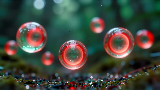 Floating red bubbles glow softly above mossy ground in a mystical forest setting.
