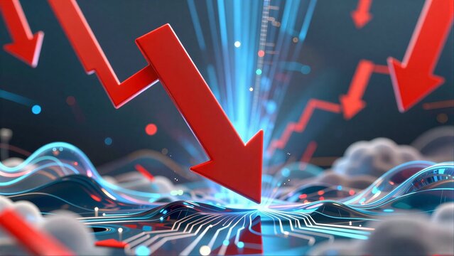 Red arrows plunge into digital circuitry, symbolizing market decline and technological disruption.