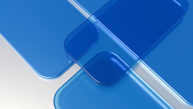 3D abstract background of glossy blue glass rounded plates. Perfect for modern tech branding, UI dashboard layout, corporate covers, and digital media
