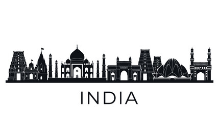Obraz premium Iconic India Skyline Silhouette: Taj Mahal, Temples, Landmarks, Travel