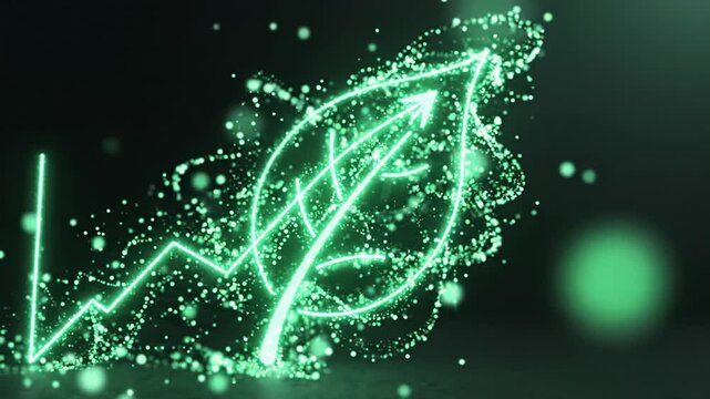 Glowing green leaf and rising chart symbolizing sustainable growth on dark background, animated motion graphics