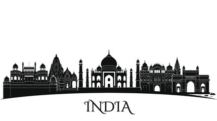 Fototapeta premium India Skyline Silhouette: Taj Mahal, Landmarks Vector Illustration