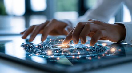 Naklejka premium Cropped hands of a cybersecurity expert interacting with a futuristic holographic interface bright modern office endpoint security management concept network protection graphics