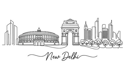 Naklejka premium New Delhi Skyline - Continuous Line Art Illustration of Iconic Landmarks