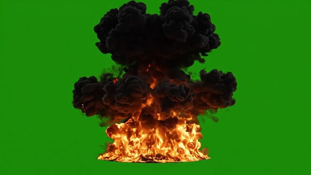 Fireball explosion with rising black smoke on green screen isolated chroma key background