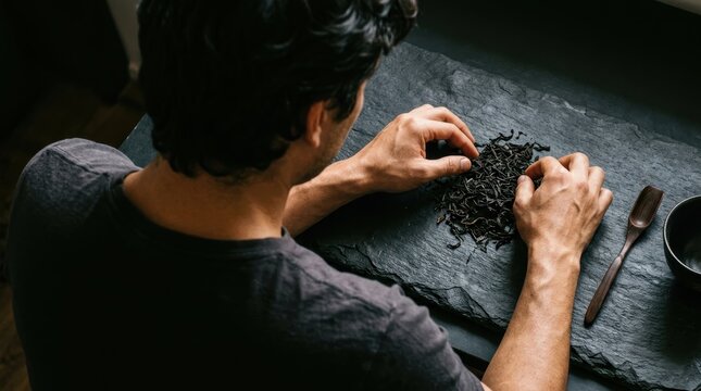 Premium Black Tea Leaves: Latino Male Hands Preparing for Wellness Beverage