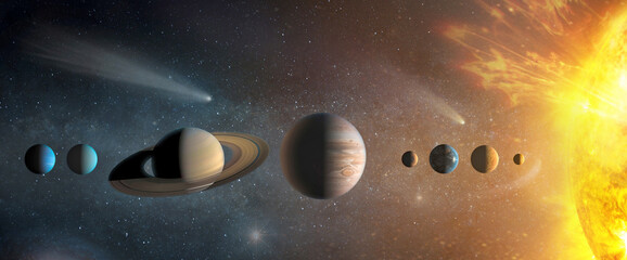 Sun, Mercury, Venus, planet Earth, Mars, Jupiter, Saturn, Uranus, Neptune. , galaxies, stars, comet, asteroid, meteorite, nebula.  Elements of this image furnished by NASA © Tryfonov