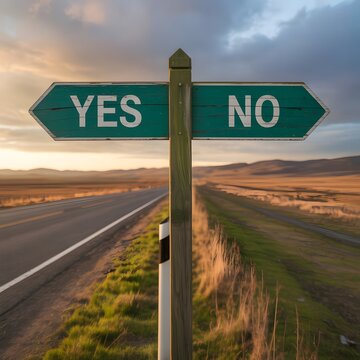Crucial life decisions symbolized by Yes and No signs on a weathered wooden post