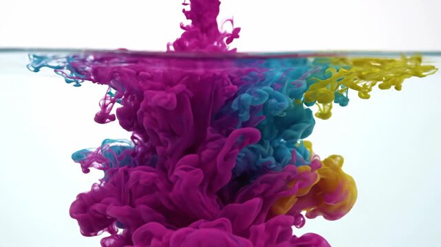 Animated ink paint drop blooming in clear liquid with vibrant magenta blue and yellow clouds