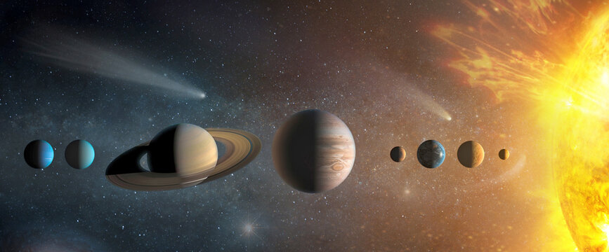 Sun, Mercury, Venus, planet Earth, Mars, Jupiter, Saturn, Uranus, Neptune. , galaxies, stars, comet, asteroid, meteorite, nebula.  Elements of this image furnished by NASA