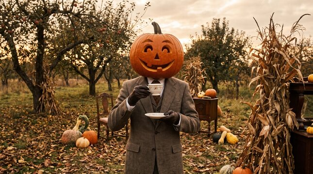 Quirky autumn editorial portrait with pumpkin head