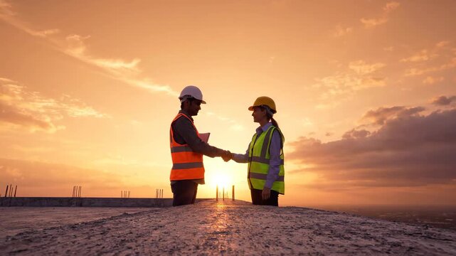 Two engineers shaking hands on construction site at sunset with hard hats and safety vests