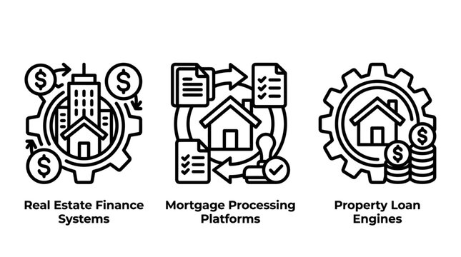 Set of line art icons depicting real estate finance systems mortgage processing platforms and property loan engines with mortgage processing property platform building document contract