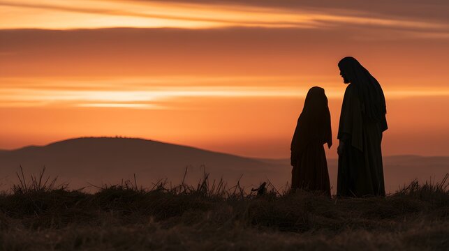 Silhouettes of a man and a woman standing in a field at sunset