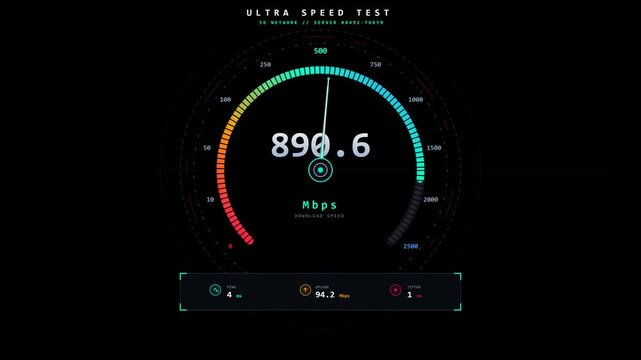 Futuristic Neon HUD Speedometer Loop for Cyberpunk Interface, High Speed Internet Test and Sci-Fi Tech Dashboard
