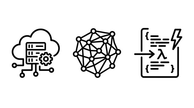 Cloud server network infrastructure and programming code vector line icons with infrastructure programming development technology computing connection internet lightning function illustration