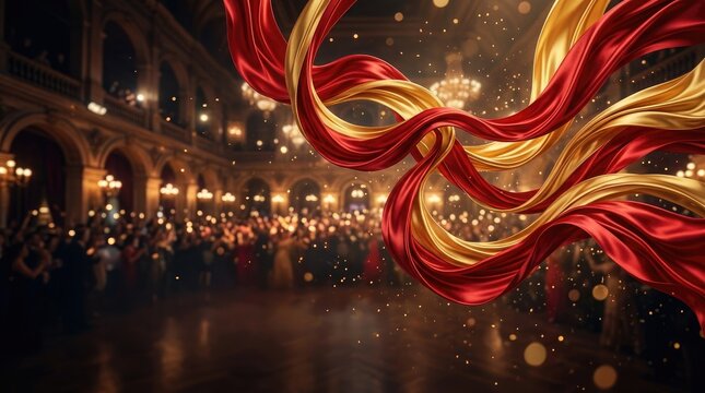 A festive and elegant celebration scene featuring flowing red and gold silk ribbons to honor the annual national china day