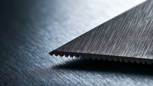 Close up view of a sharp metal serrated knife blade on a dark textured surface.