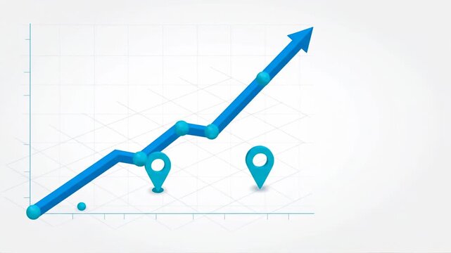 Animated rising business line graph with location pins on white grid background