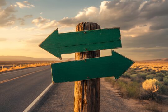 Directional wooden post with two blank green arrows at desert road sunset