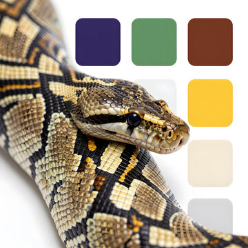 Wildlife conservation and biodiversity, ball python snake with detailed scales and color palette swatches for design inspiration on white background