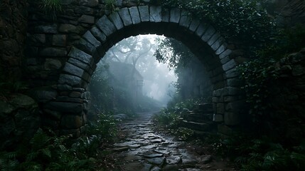 Naklejka premium Ancient stone archway leading into a dark misty forest path.