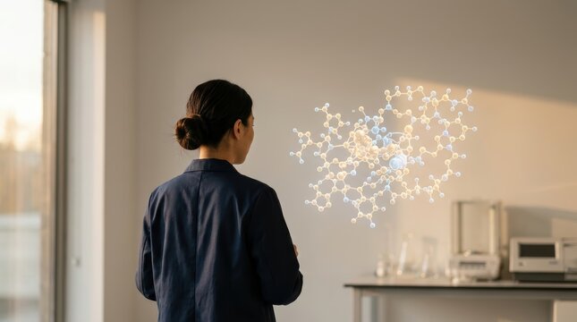Asian Female Scientist Observing Holographic Molecular Structures for Future Tech Research