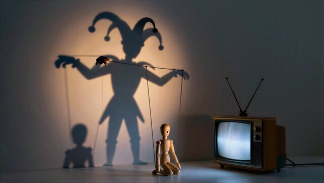 Shadow jester puppeteer controls tiny figure beside vintage TV.