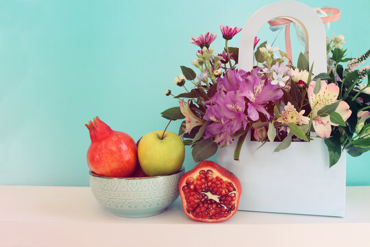 Rosh hashanah (jewish New Year holiday) concept. Traditional symbols