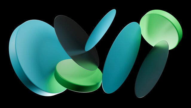 3D abstract background of floating green and teal geometric discs on black background. Ideal for crypto projects, tech branding, UI design, and web banners
