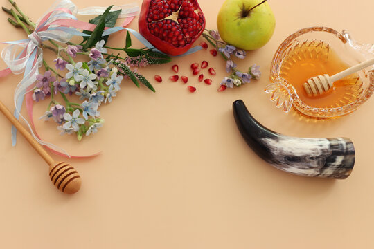 Rosh hashanah (jewish New Year holiday) concept. Traditional symbols