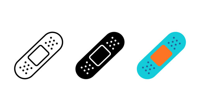 Adhesive bandage plaster icon set in outline solid and colorful styles with adhesive