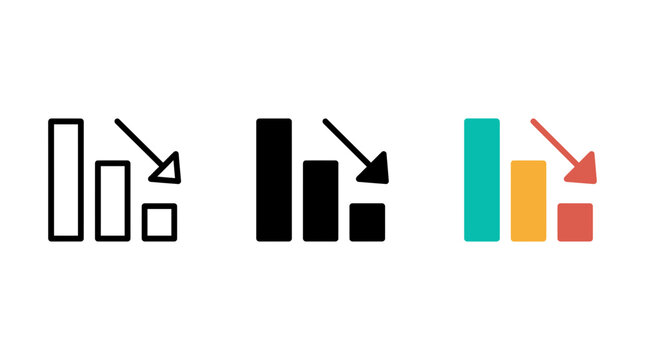 Bar chart icon set showing financial decline and negative business growth in three styles
