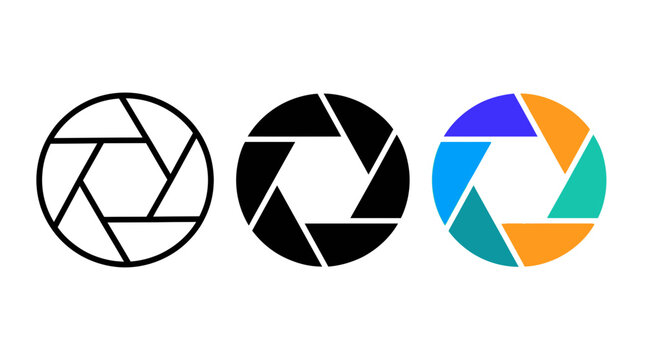 Camera shutter aperture icon set in outline solid and colorful multi colored graphic vector style