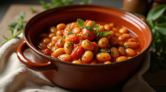 Alubias blancas estofadas en una salsa r&uacute;stica de tomate y hierbas, servidas en una cazuela de cer&aacute;mica artesanal