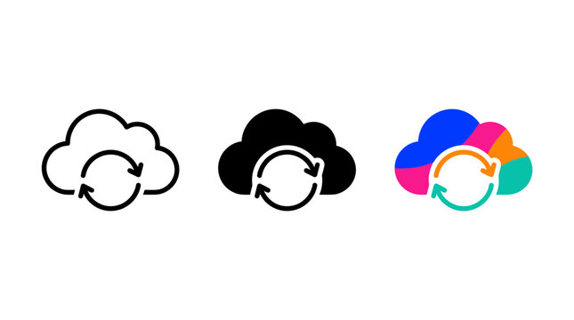 Cloud computing data synchronization icon vector set in outline solid and colorful styles