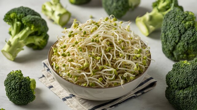 Fresh mung bean sprouts overflowing in a ceramic bowl surrounded by raw green broccoli florets