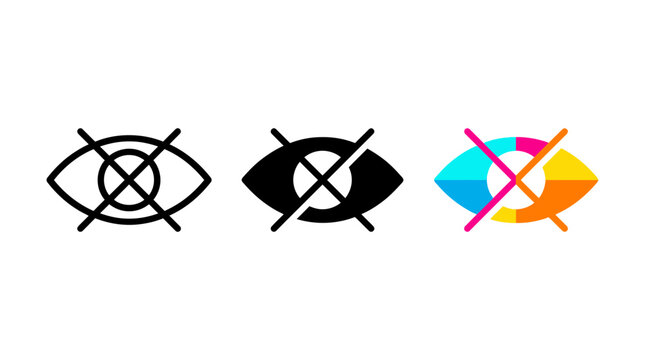 Invisible eye symbol crossed out in outline solid and multi color variants with invisible