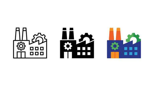 Industrial factory building with gears and smokestacks in line art glyph and colorful vector icon