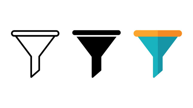 Set of funnel filter icons in outline silhouette and colorful flat vector styles with silhouette
