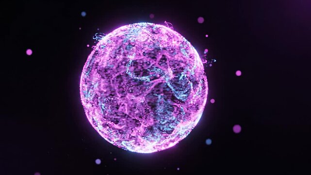 Animated glowing particle sphere forming in dark background with drifting neon pink and blue dots, motion graphics