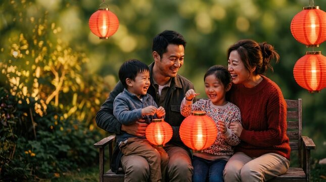 A happy asian family sitting together in a garden holding glowing red lanterns during the beautiful national china day celebration